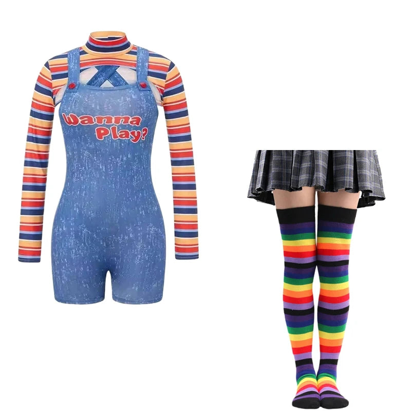 Halloween Costumes for Women Scary Nightmare Killer Doll Wanna Play Movie Character Chucky Doll Costume With Stockings