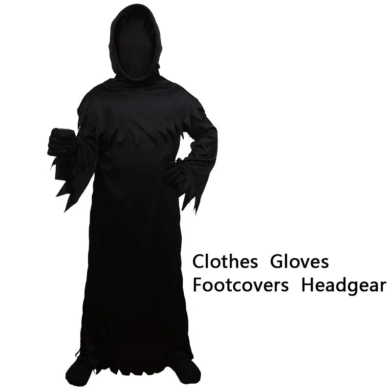 Halloween Grim Reaper Horror Costume Black Hooded Cloak Style Eerie Ghost Robe Costume Red Eye Flashing Role-Playing Set