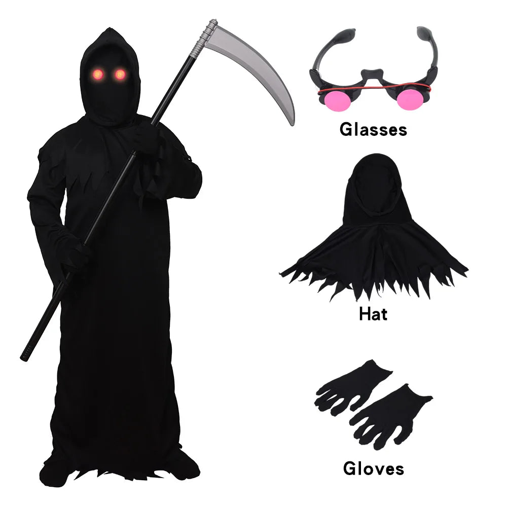 Halloween Grim Reaper Horror Costume Black Hooded Cloak Style Eerie Ghost Robe Costume Red Eye Flashing Role-Playing Set