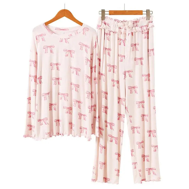 ComfortableJapanese Style Pajamas Soft Modal Sleepwear Long Sleeve/Straps Pants Home Clothes Suit Sweet Bow Print Loungewear