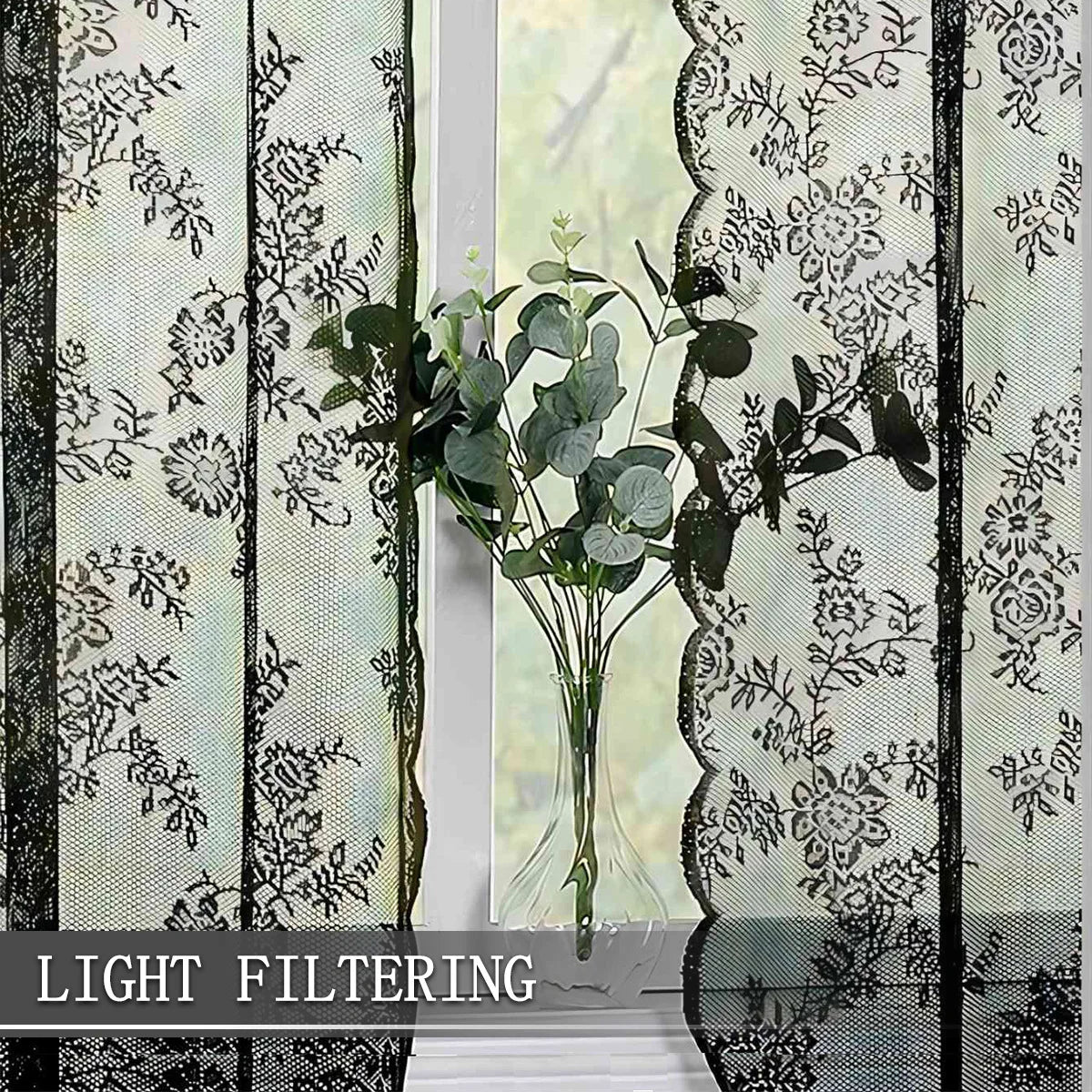 Floral Lace Curtains 1–2 Panels, Botanical Embroidered Semi-Sheer Window Curtains with Scalloped Edge, Vintage Romantic Decor for Living Room, Bedroom & Bay Window