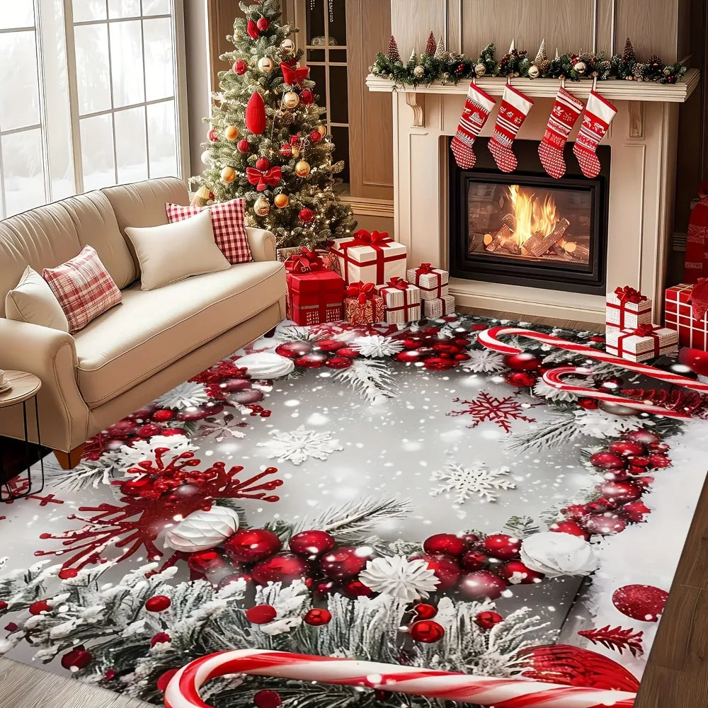 Christmas Decorative Rug, Festive Cartoon Polyester Floor Mat with Suede Backing, Holiday Area Carpet for Living Room, Bedroom, Entryway, Dining Area & Patio