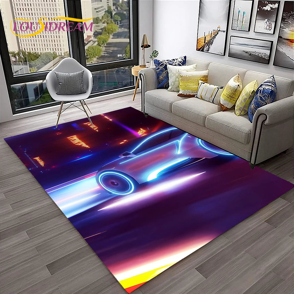 Sports Car Racing Rug, 3D Printed Cartoon Polyester Crystal Velvet Carpet with Non-Woven Backing, Kids Playroom Floor Mat for Bedroom, Living Room & Home Decor
