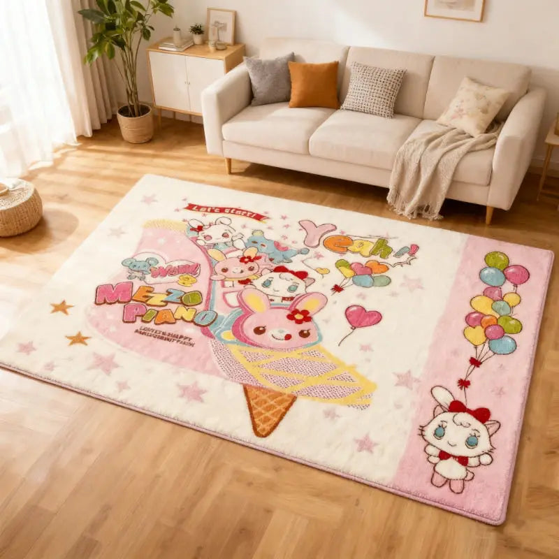 Japanese Cartoon Plush Bedside Rug, Soft Polyester Floor Mat for Bedroom, Living Room, Sofa & Coffee Table, Cute All-Season Home Decor Carpet