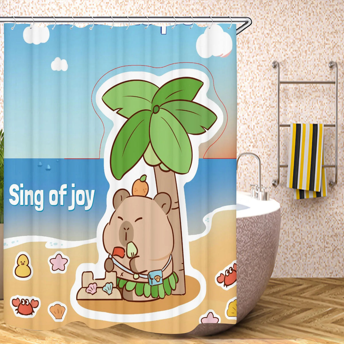 Cute Capybara Shower Curtain, Funny Cartoon Waterproof Bathroom Curtain with Plastic Hooks, 100% Polyester Mildew-Resistant Curtain for Modern Bathroom Decor