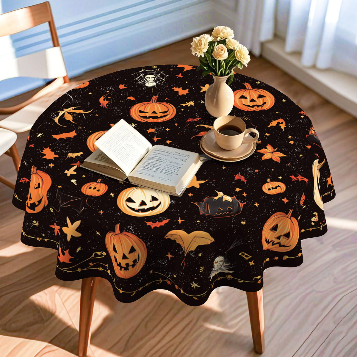 Halloween Round Tablecloth – 2D Printed Pumpkin & Bat Table Cover, Waterproof Polyester Table Decor for Kitchen, Dining Table & Party