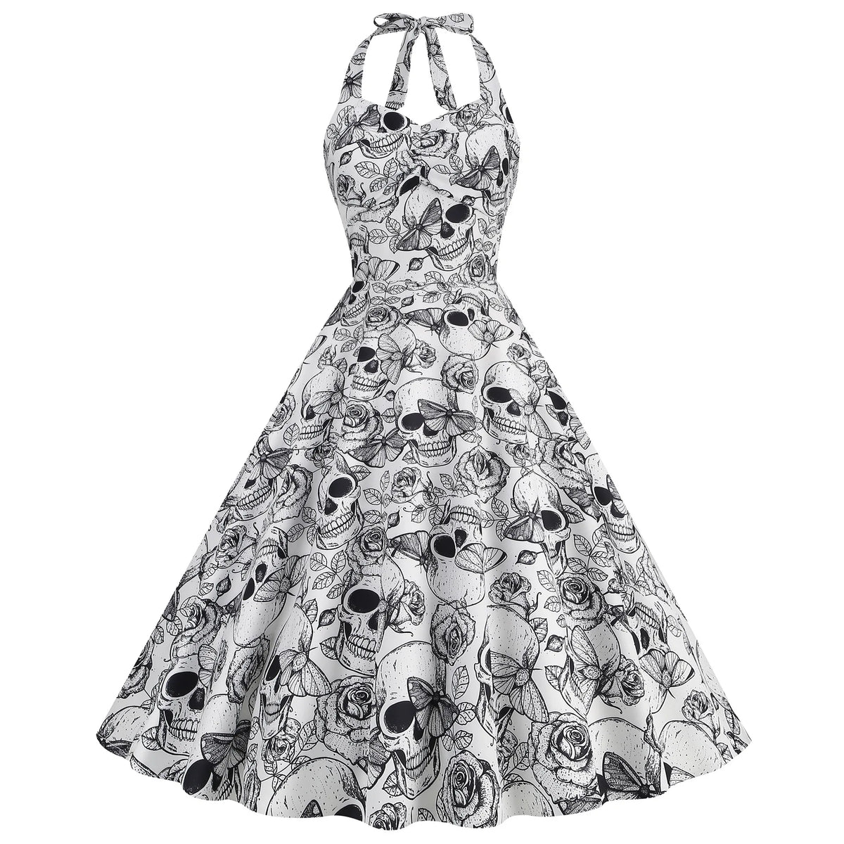 Halloween Costumes for Women Skull Print Halter Dress Sleeveless Tunic Vintage Party Dresses Goth Clothes Masquerade Vestidos