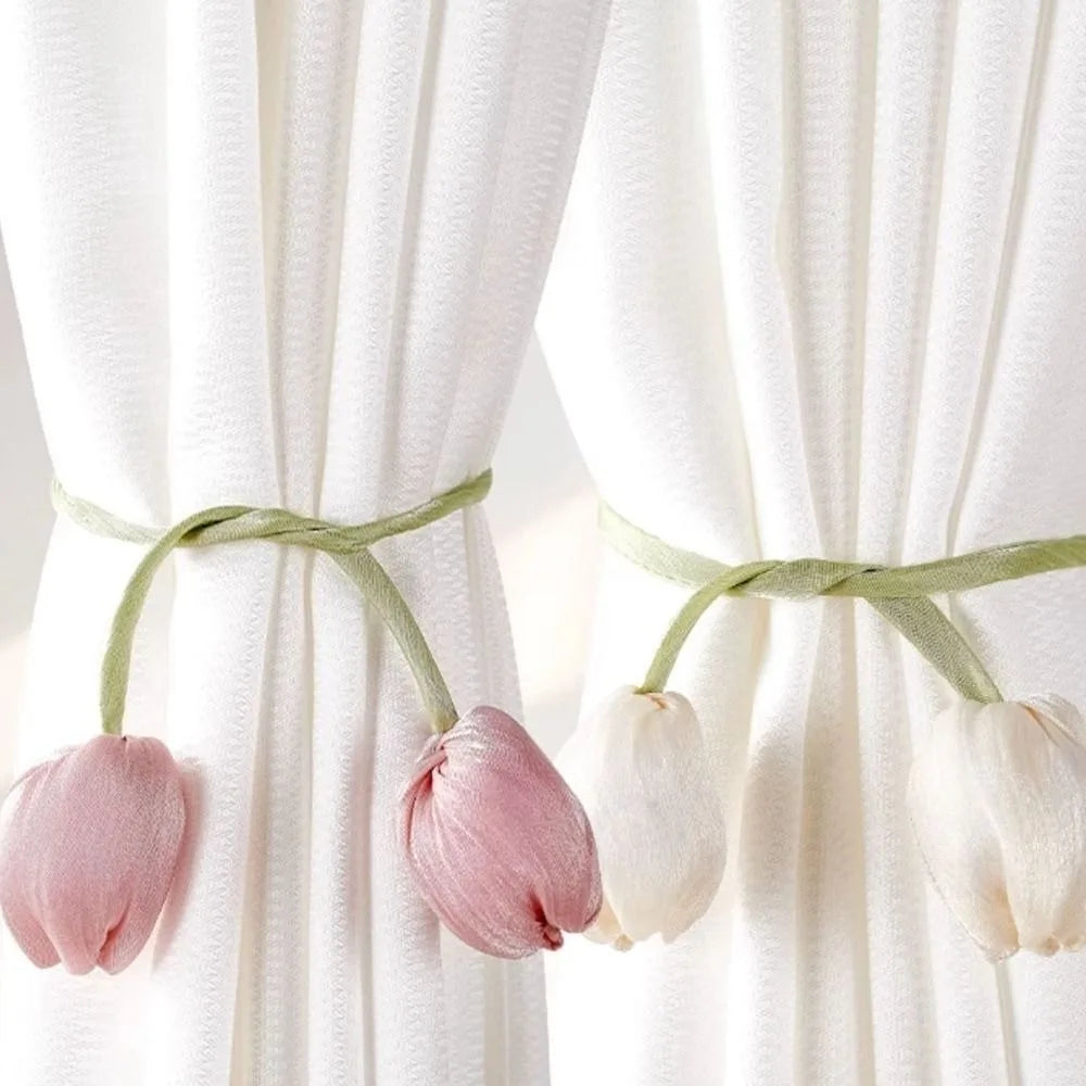 Adjustable Tulip Curtain Tiebacks, Elegant Floral Curtain Straps with Creative Design, Cotton Cloth Curtain Holdbacks for Living Room, Bedroom & Home Decor