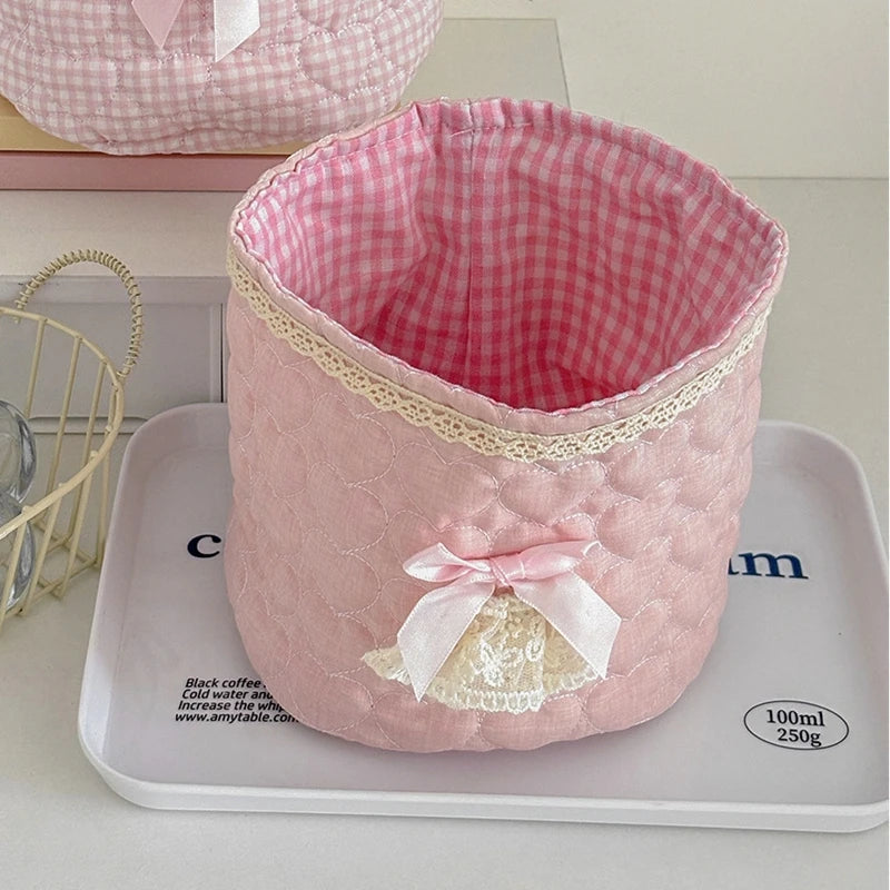 Cute Quilted Fabric Storage Basket – Foldable Round Desktop Organizer | Boho Home Decor