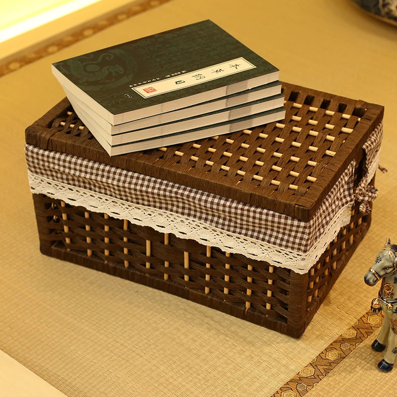Handmade Woven Rattan Storage Basket with Lid Multipurpose Desktop Organizer Box Rectangular Bamboo Bin for Office Decor