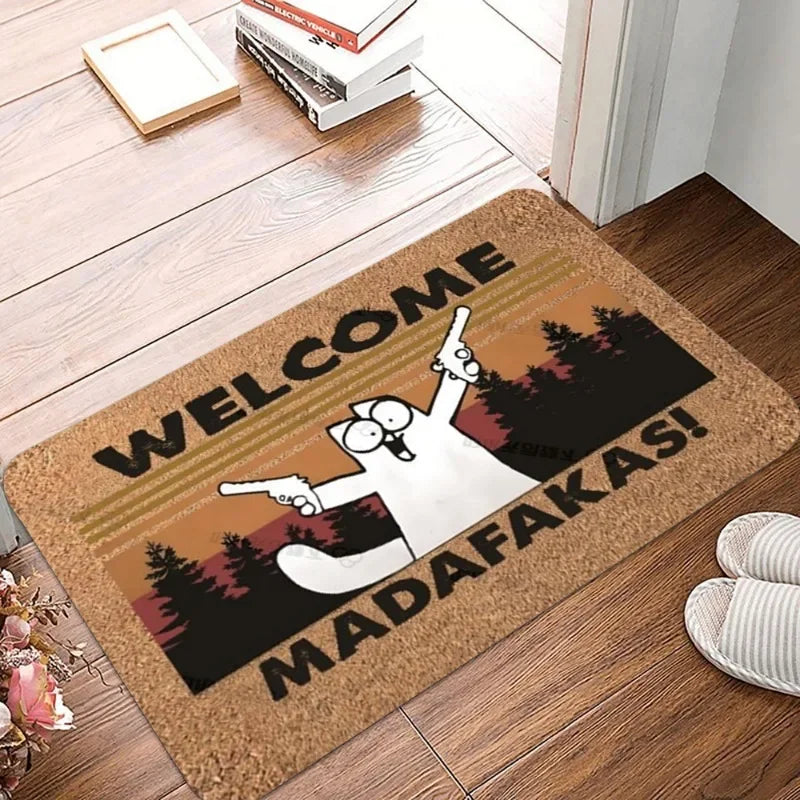 Cute Cat Doormat 30×50cm & 40×60cm, Washable Polyester Flannel Rug with Anti-Slip Backing, Cartoon Floor Mat for Entrance, Living Room, Bathroom & Outdoor Decor