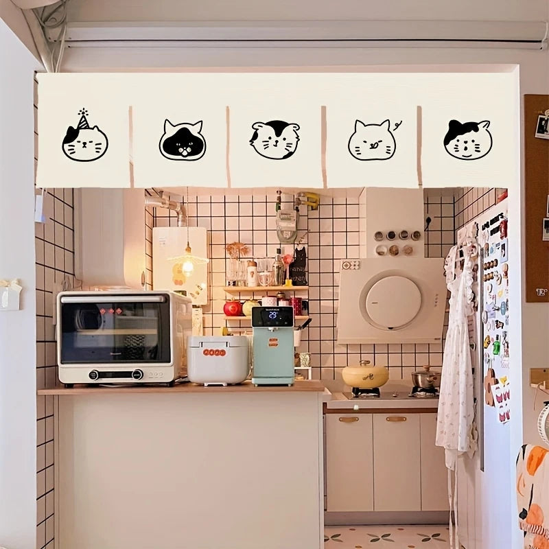 Japanese Cute Cat Door Curtain, Cartoon Hanging Curtain for Bedroom & Kitchen, 1-Panel Polyester Room Divider with Blackout Design for Home, Office & Cafe Decor