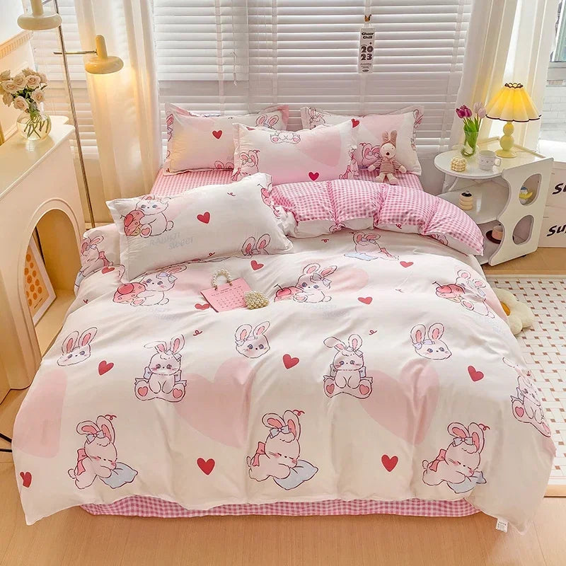 Cute Bunny Kids Bedding Set – Cartoon Printed Polyester Duvet Cover, Flat Sheet & Pillowcases, Breathable Queen & King Bed Set