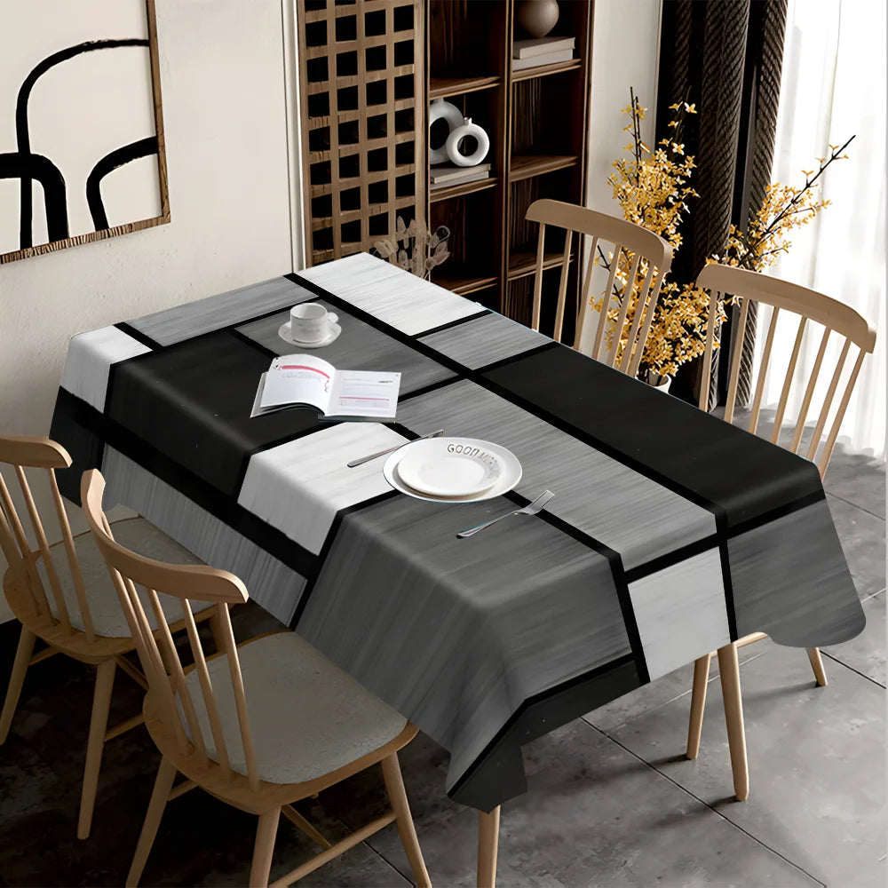 Black & White Geometric Print Tablecloth, Reusable 100% Polyester Dining Table Cover, Modern Rectangular & Square Table Linen for Wedding, Party, Christmas & Home Decor