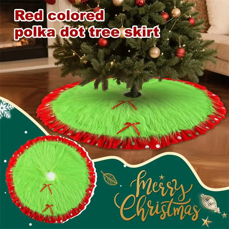 Christmas Tree Skirt 90–122cm, Red & Green Polka Dot Plush Tree Base Mat, Festive Christmas Tree Decoration for Home, Courtyard, Party & Holiday Decor