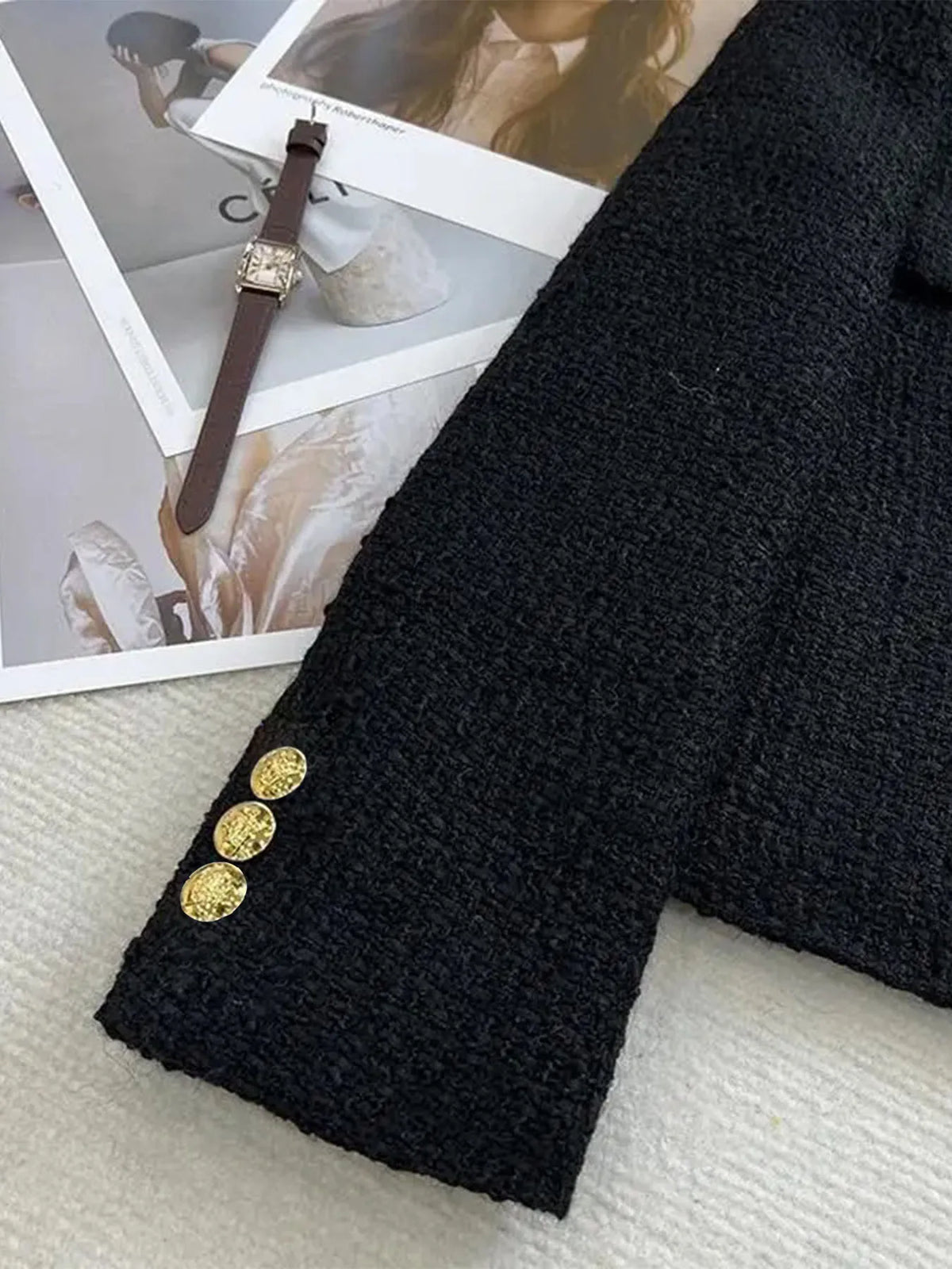 French Wool Tweed Coat Fashion High-end Gold Button Short Slim