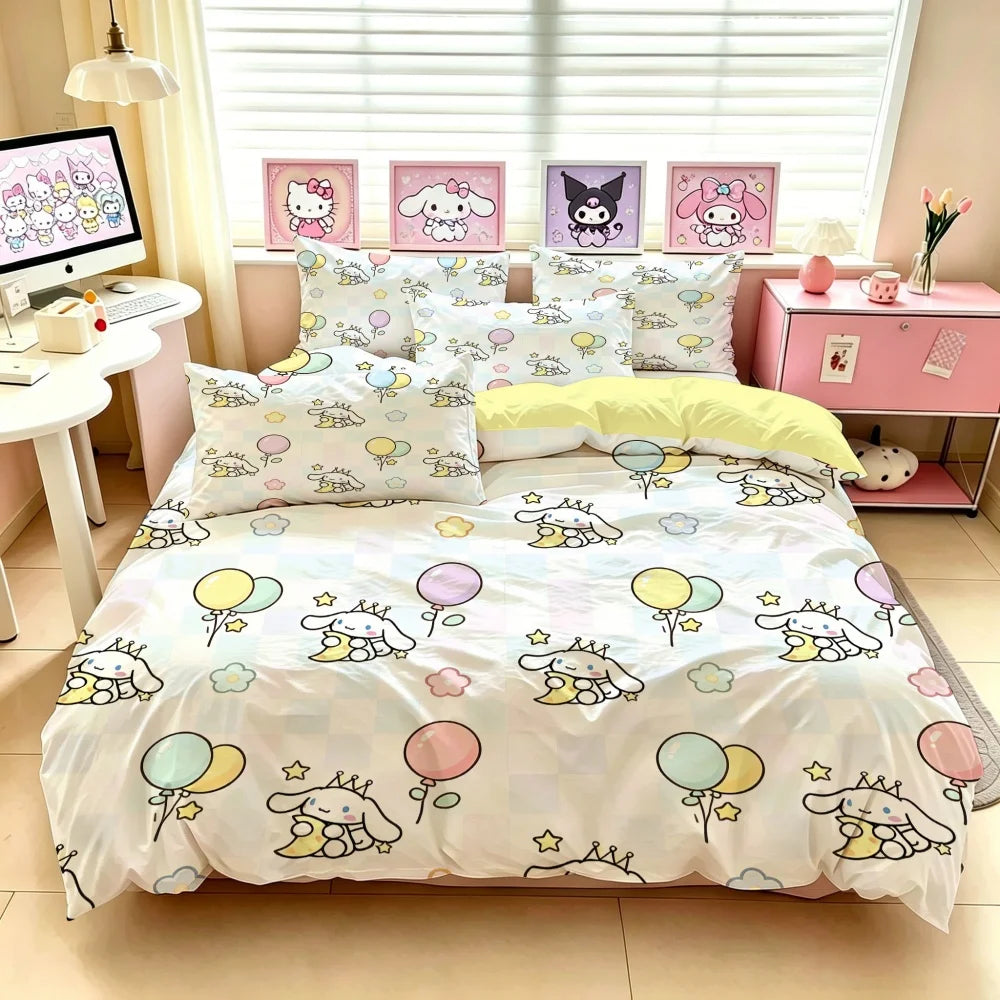 Sanrio Hello Kitty Bedding Set – Cute Cartoon Printed Duvet Cover & Pillowcase, Soft Polyester-Cotton Bed Linen for Girls, Dorm & Home