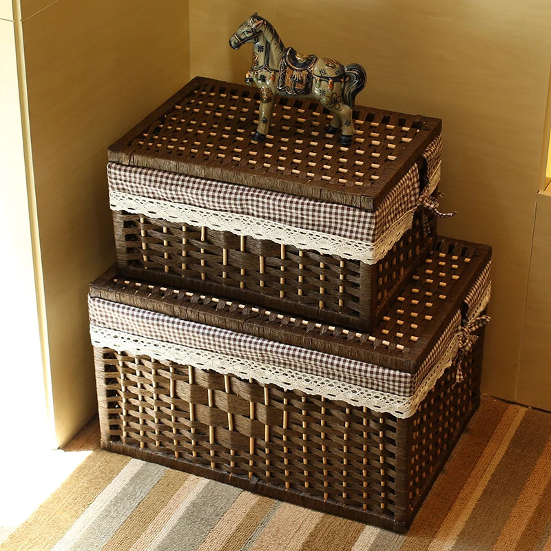 Handmade Woven Rattan Storage Basket with Lid Multipurpose Desktop Organizer Box Rectangular Bamboo Bin for Office Decor