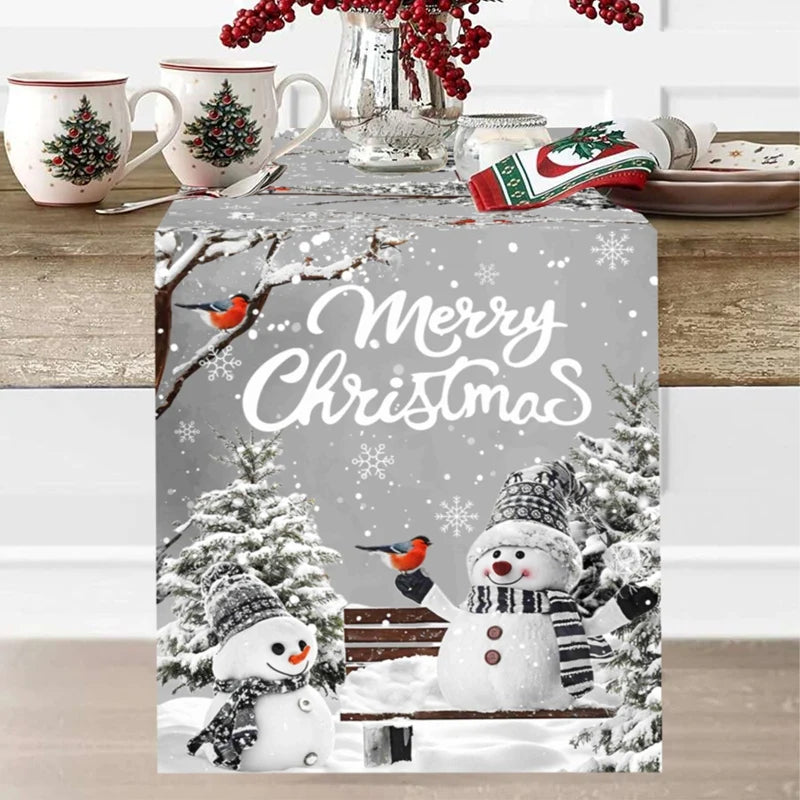 Christmas Table Runner 33×183cm, Winter Wonderland Snowman Linen Table Cover, Rustic Farmhouse Holiday Table Decor for Dining Room, Kitchen, Party & Home