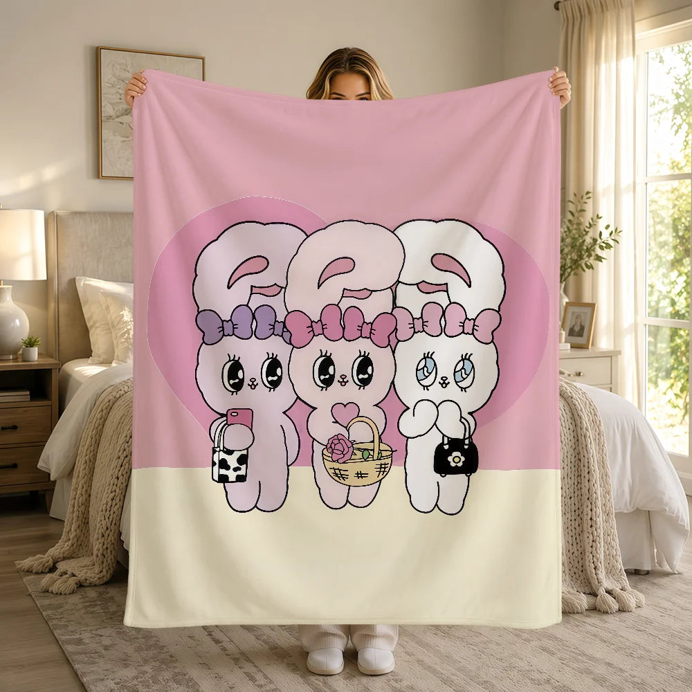 Kawaii Esther Bunny Plush Blanket – Cute Cartoon Rabbit Flannel Throw, Soft Printed Blanket for Sofa, Bed, Travel & Gifts