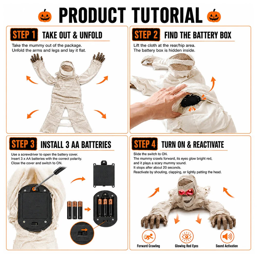 Halloween Crawling Mummy Scary Haunted House Decor Prop Motion Sensor Activated Sound Light Effects Horror Scene Setup