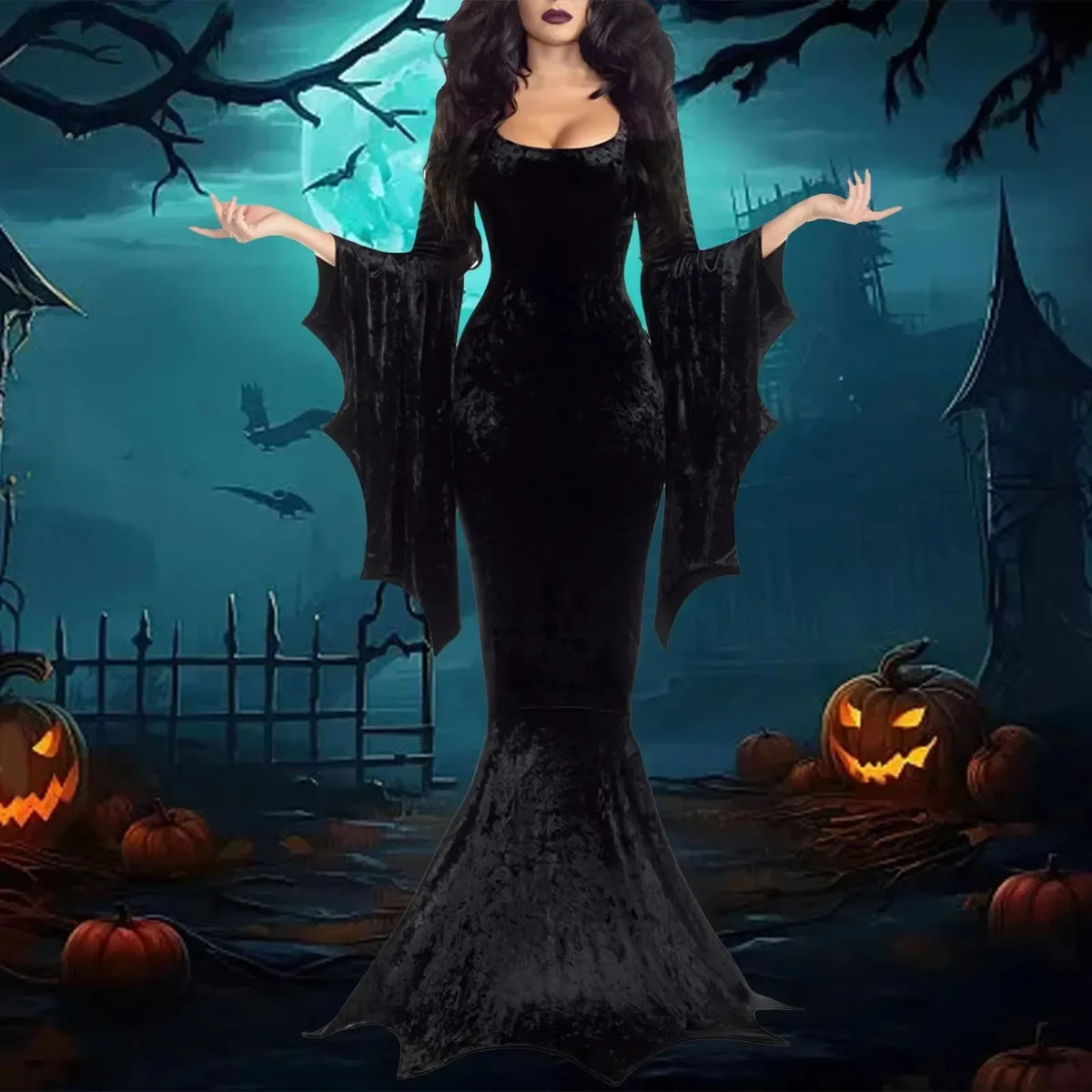 Halloween Bat Witch Ghost Bride Costume Gothic Witch Vampire Masquerade Long Dress Performance Costume Carnival Party Dress