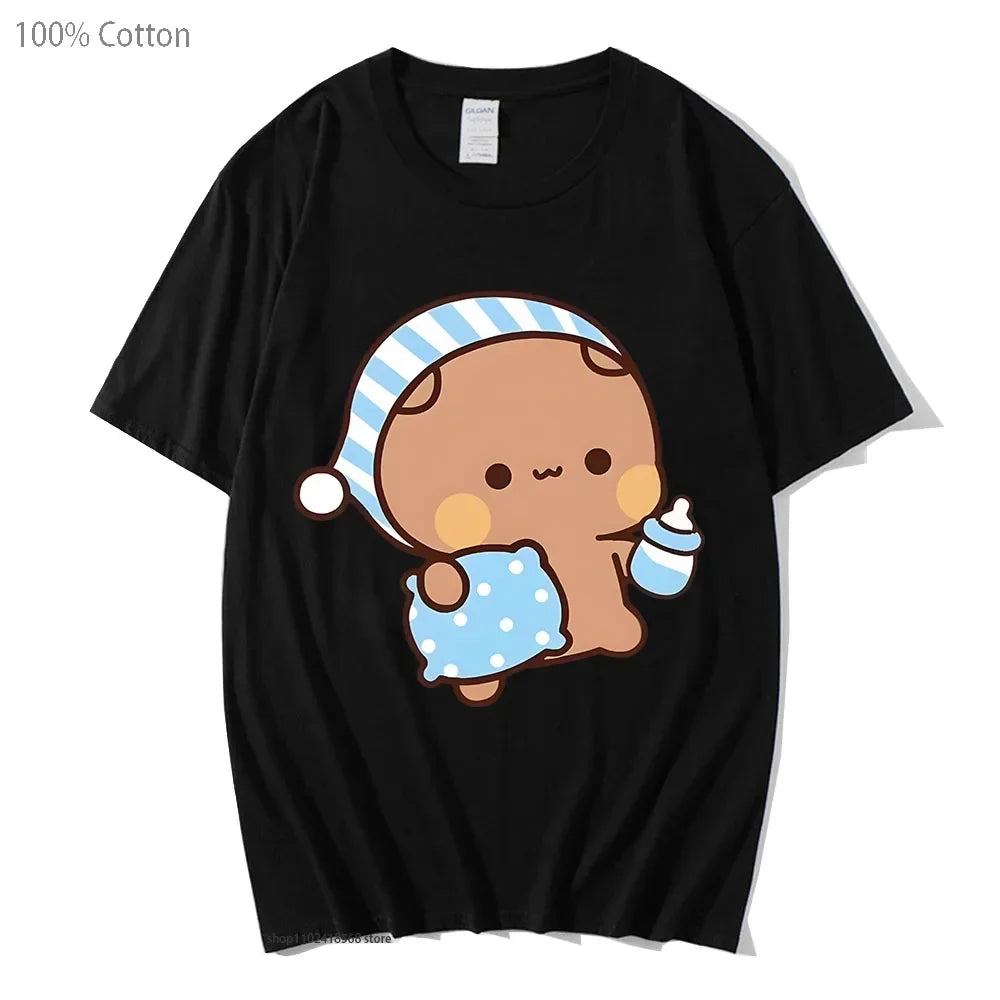 Couple Shirts Kawaii Cute BuBu Panda Going To Sleep with DuDu Bear Graphic Tshirt Cotton Men Women Clothes Long Sleeve Tees