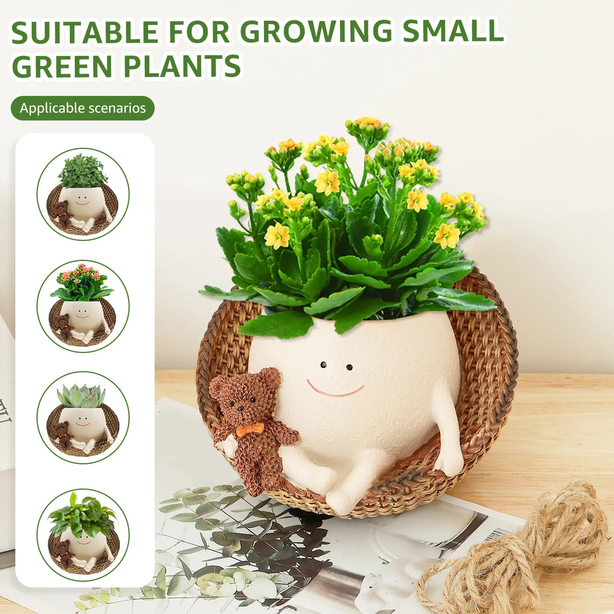 Cute Face Hanging Planter Pot, Swinging Succulent Pot with Drainage Hole, Resin Hanging Plant Holder with Rope & Hook for Indoor, Outdoor, Garden & Home Decor