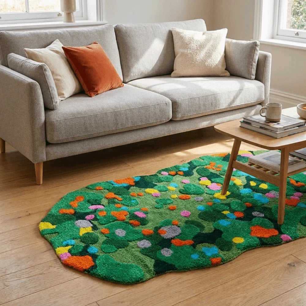 Irregular Green Moss Rug 50×100cm, Soft Imitation Cashmere-Style Polyester Carpet with Suede Backing, Geometric Flower Pattern Area Rug for Sofa, Bedroom & Home Decor