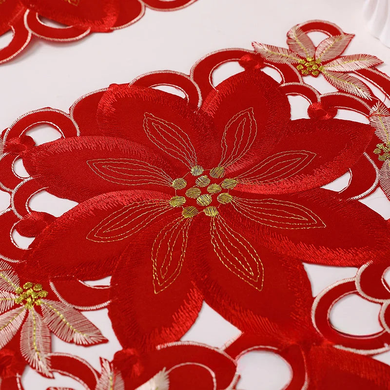 Christmas Embroidered Tablecloth Set, 28×43cm Rectangle Holiday Table Linens with Floral Design, Reusable Table Covers for Dining, Wedding, Party & Banquet Decor