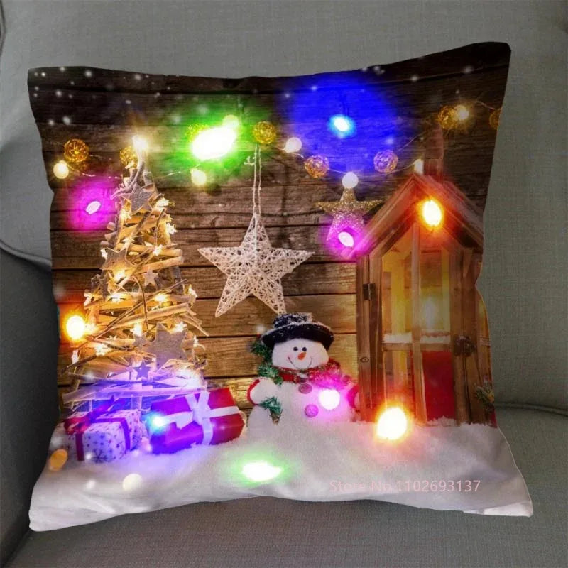 Christmas LED Pillow Cover 45×45cm, Festive Light-Up Polyester Cushion Case with One-Sided Print, Xmas Throw Pillowcase for Bedroom, Sofa & Party Decor