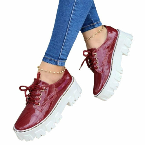 Women's Platform Oxford Shoes – Chunky Thick Heel Lace-Up Dress Shoes in Black, Red & Pink