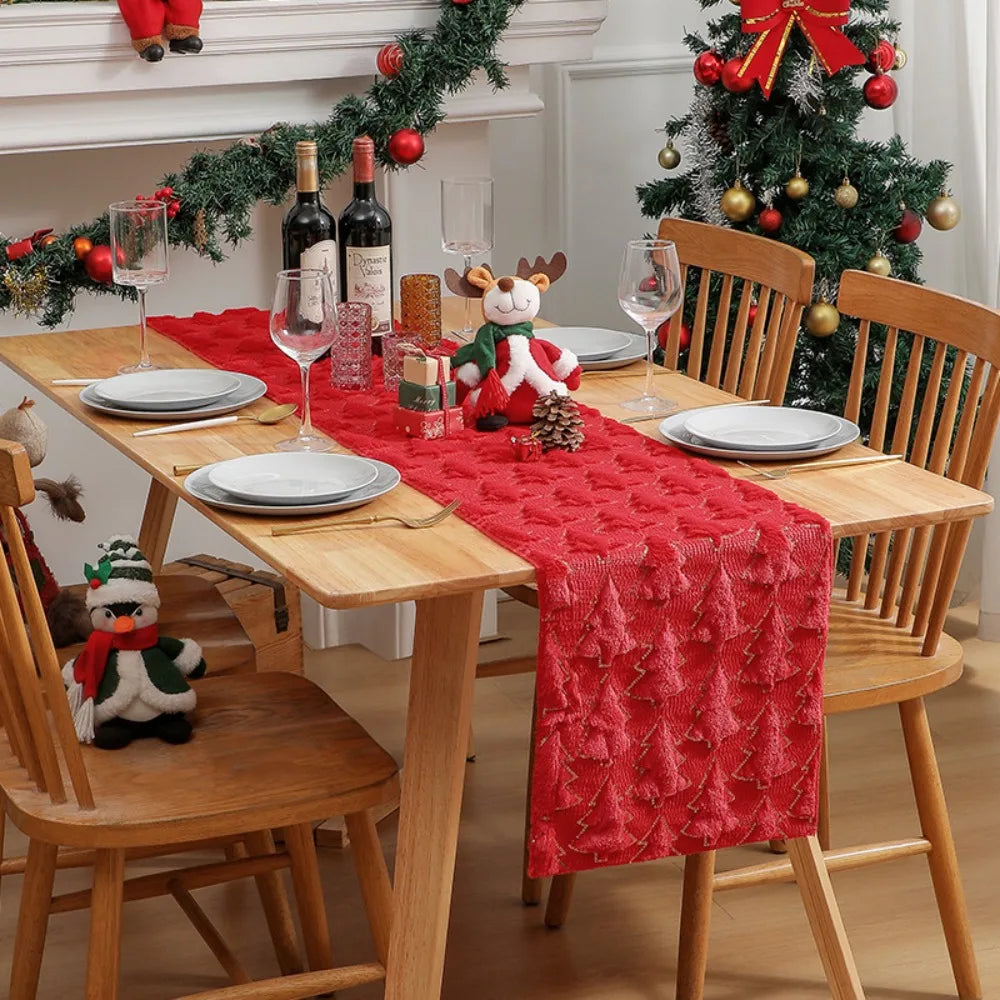 Christmas Tree Table Runner 33×183cm – Plush Embroidered & Embossed Holiday Tablecloth for Dining Table, Christmas & Festive Home Decor