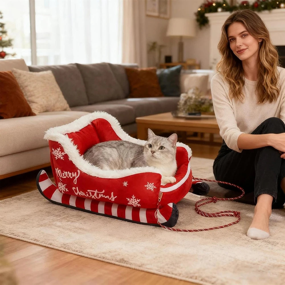 Christmas Pet Bed, Removable Washable Plush Dog & Cat Nest with Non-Slip Base, Cozy Winter Sleigh-Style Pet Sofa for Indoor Home, Bedroom & Balcony