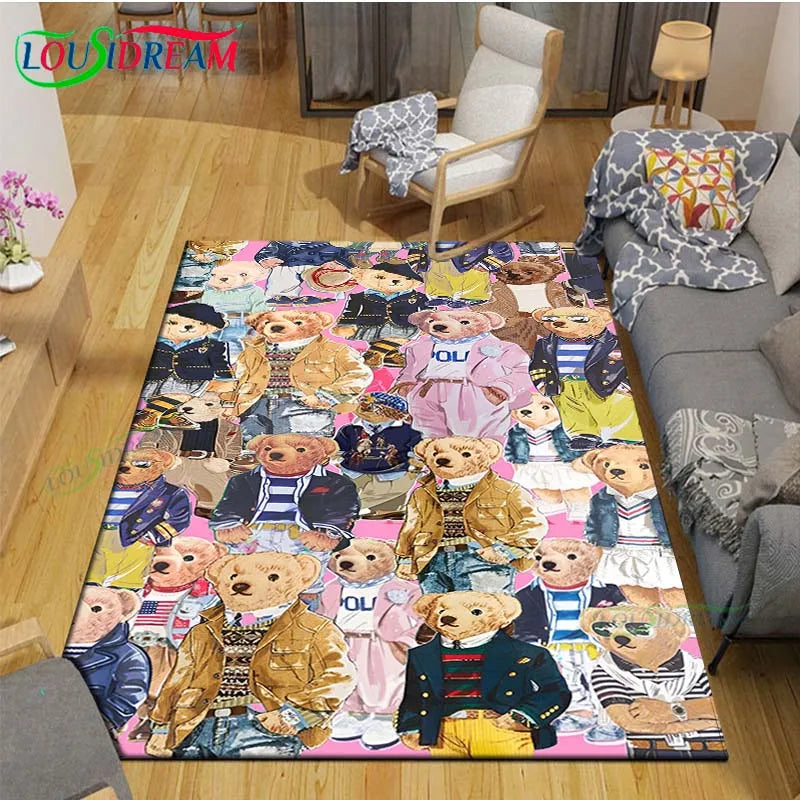Cute Bear Cartoon Area Rug, 3D Printed Polyester Crystal Velvet Carpet with Non-Woven Backing, Kids Bedroom & Living Room Mat for Playroom, Home & Decor