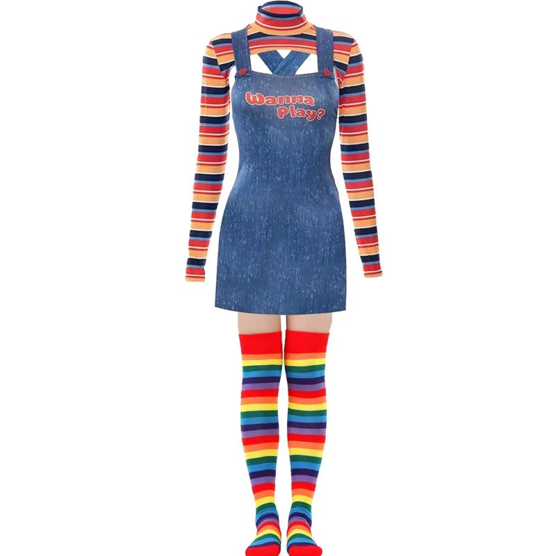 Halloween Costumes for Women Scary Nightmare Killer Doll Wanna Play Movie Character Chucky Doll Costume With Stockings