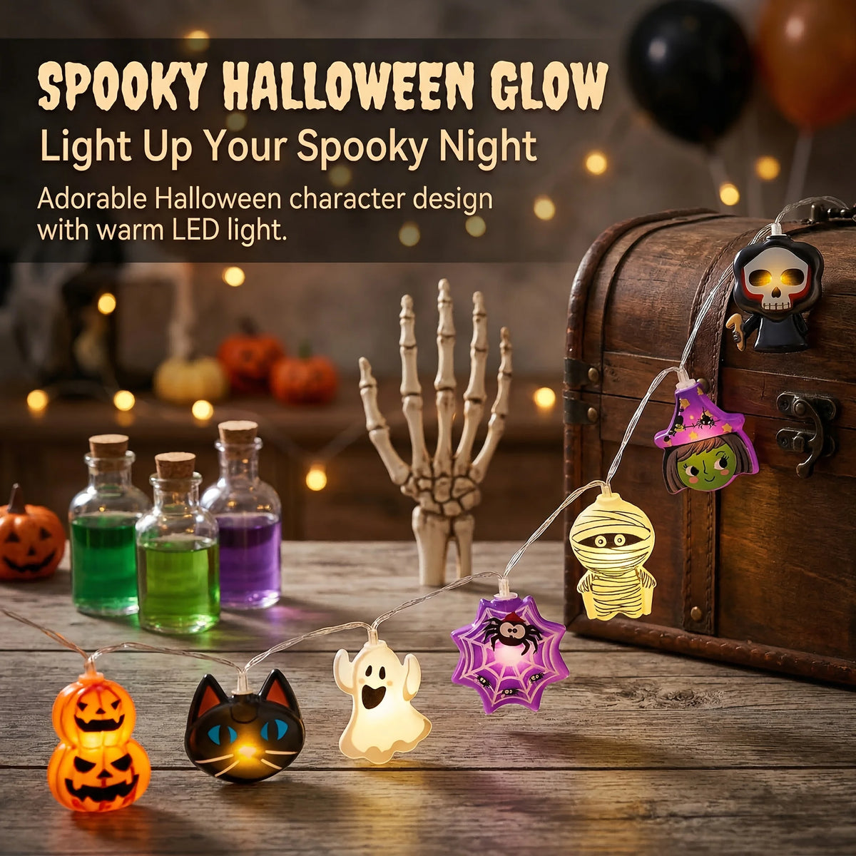 Halloween LED String Lights, Spooky Cartoon Fairy Lights for Kids’ Room, Wall & Indoor Decor, Battery-Powered Holiday Lights for Halloween Parties