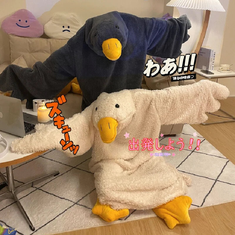 Cartoon Big Goose Robe Coral Fleece Hooded Pajama Funny Duck Cosplay Couple Nightgown Plush Sleepwear Home Clothes
