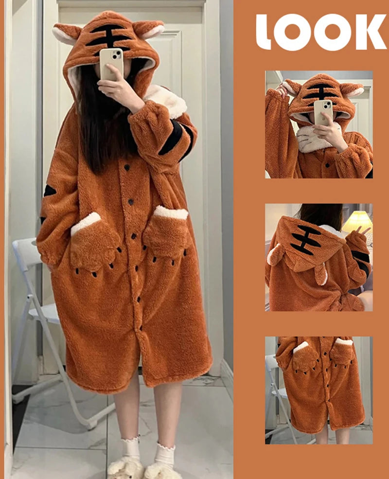 Winter Pajamas For Women Cartoon Hooded Long Robe Cute Nightgown Sleepwear Bat Animal Kawaii Flannel Warm Comfy Lounge Bathrobes