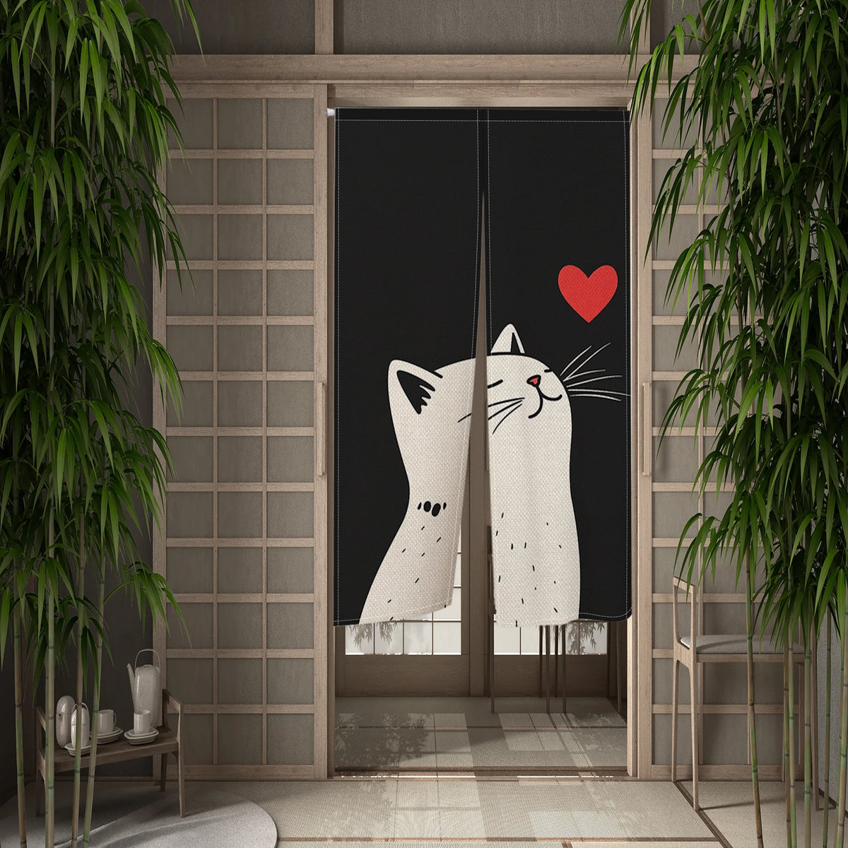 Cute Cat Japanese Noren Door Curtain, Black & White Cartoon Half Curtain for Bedroom, Kitchen & Doorway, 1-Panel Linen Room Divider for Home Decor