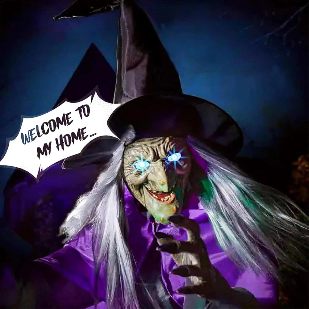 Halloween Props Flying Witch Decoration with Scary Sounds and Lights Fun Costumes Flying Scary Witch for Garden Yard Lawn Indoor
