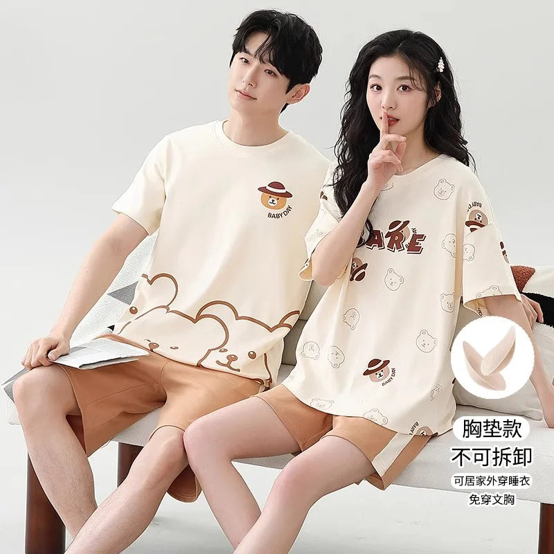 Cartoon Cute Bear Nightwear for Couples Summer Short Sleeves Shorts Sleepwear Women and Men Matching Homewear Young Boy Girl Pjs