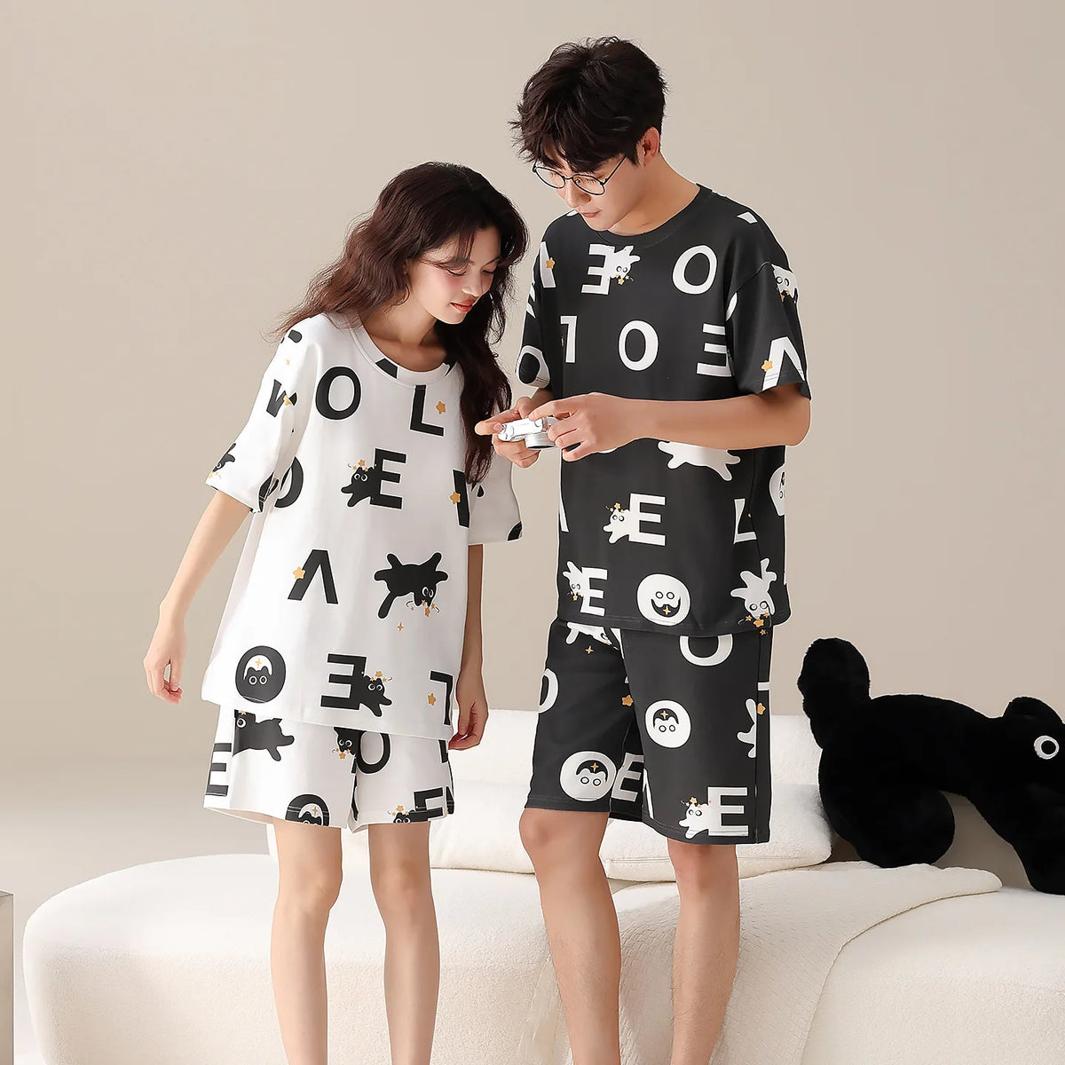 Summer Sleep Lounge Pajama Short-Sleeved Women's Pajama Set Cartoon Pyjamas Pure Cotton Couple Sleepwear Home Fashion
