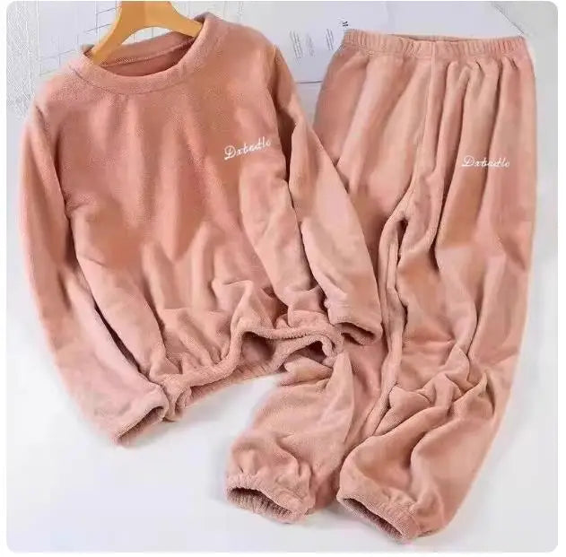 2026 Autumn Winter Couple Pajamas Sets Casual Warm Flannel Pajamas Loose O-neck Tops+Pants Men and Women Sleepwear Two Piece Set