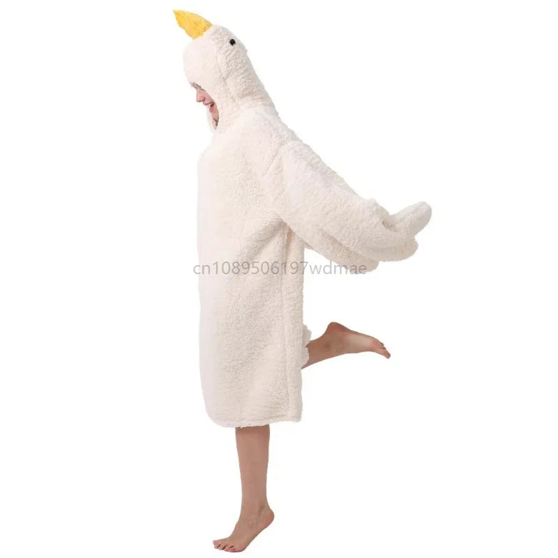Cartoon Goose Cosplay Costume Thicken Coral Fleece Hooded Robe Pajama Funny Cos Couple Cute Sleepwear Home Nightgown