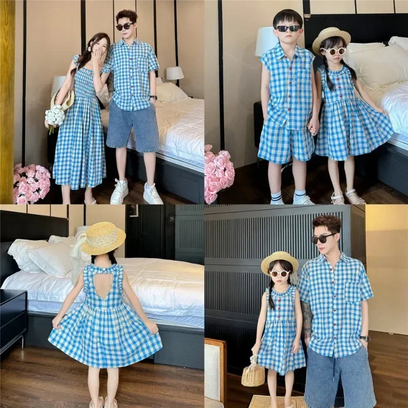 Holiday Couple Look Family Matching Clothes Mom and Daughter Resort Plaid Dress Dad and Son Shirts Korean Children's Clothing