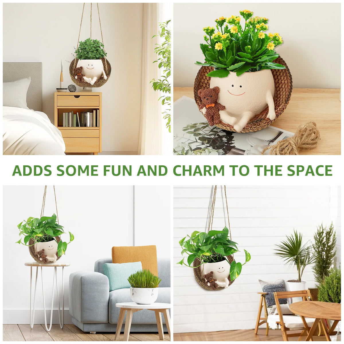 Cute Face Hanging Planter Pot, Swinging Succulent Pot with Drainage Hole, Resin Hanging Plant Holder with Rope & Hook for Indoor, Outdoor, Garden & Home Decor