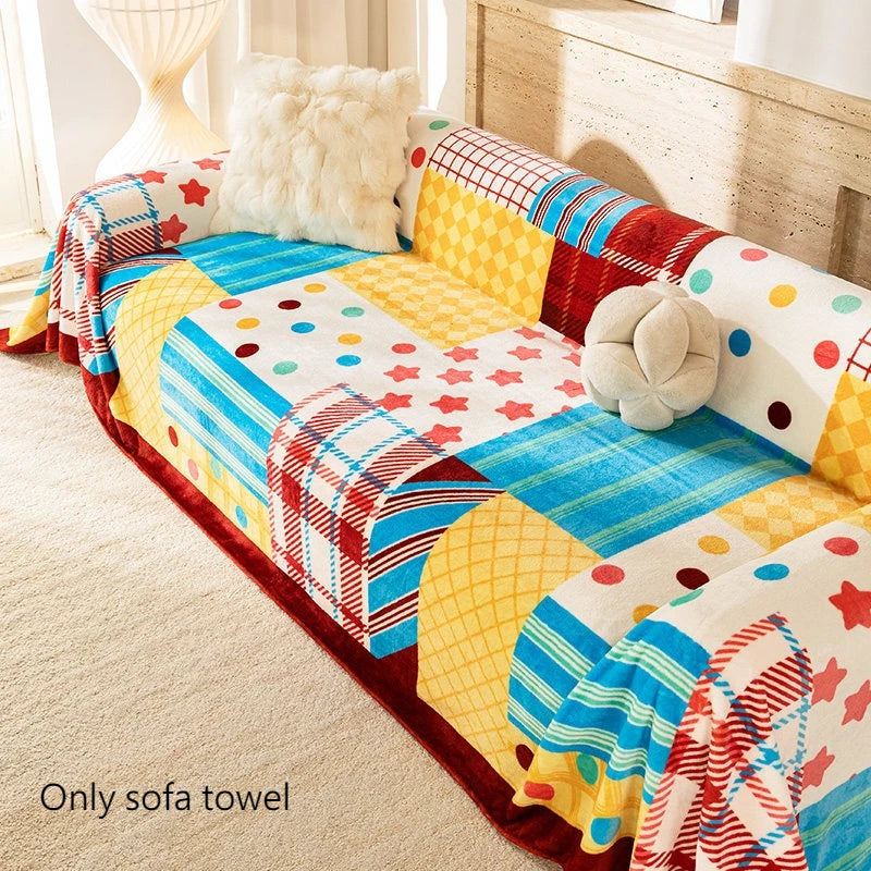Cute Cartoon Sofa Cover for Fall & Winter, Thickened 100% Polyester Sofa Throw Blanket with Anti-Slip Design, Soft Couch Cover for Loveseat, Recliner, Futon & Modular Sofa