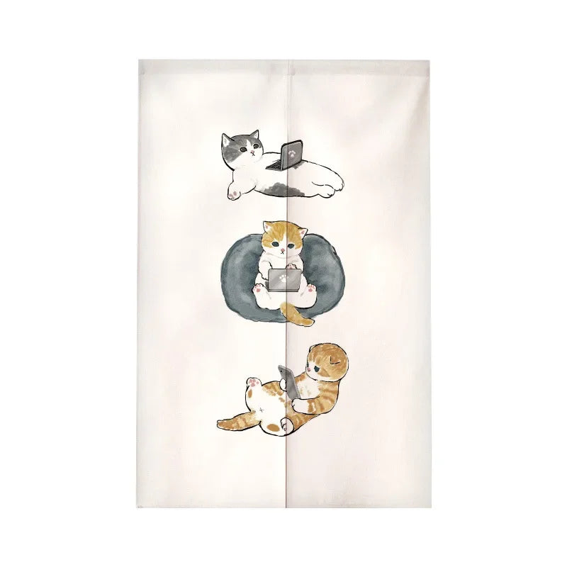 Funny Cat Japanese Noren Door Curtain, Cute Cartoon Hanging Half Curtain for Kitchen, Living Room & Restaurant, Polyester Room Divider for Doorway & Entrance Decor