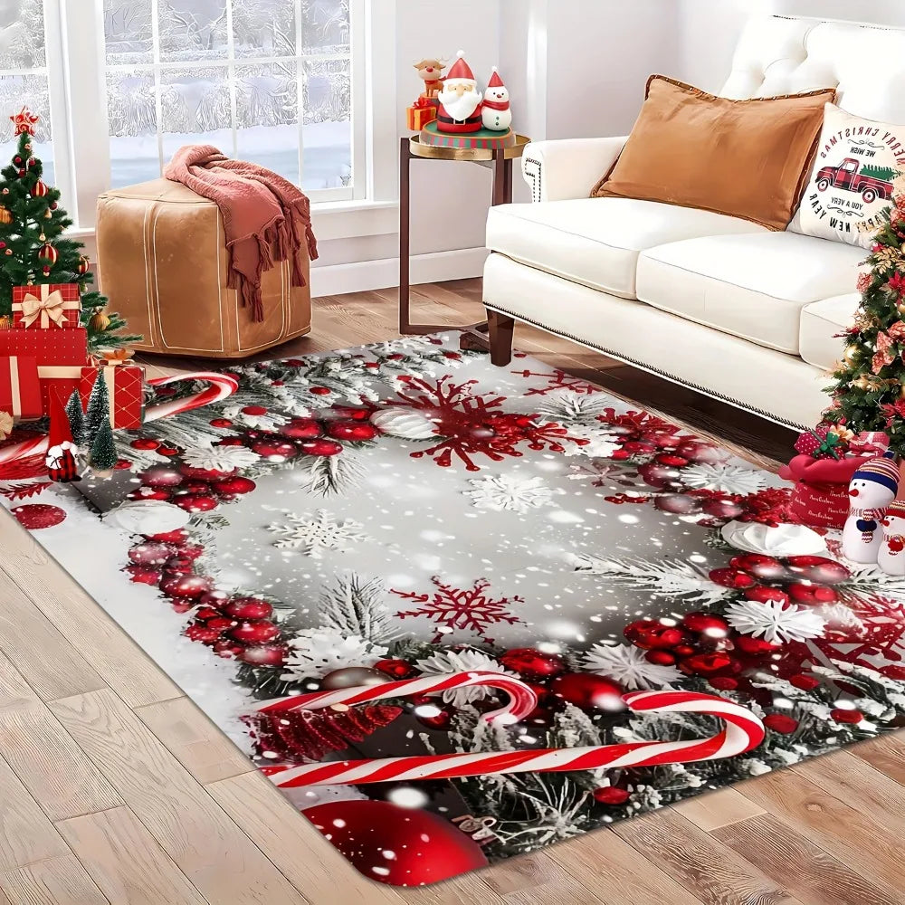 Christmas Decorative Rug, Festive Cartoon Polyester Floor Mat with Suede Backing, Holiday Area Carpet for Living Room, Bedroom, Entryway, Dining Area & Patio